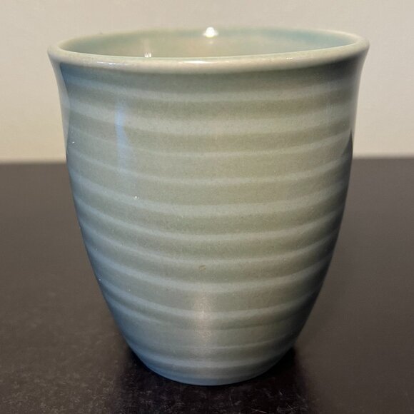 Jade Green Glossy Glaze Stoneware Mug Overlaid w/ Darker Green Stripes ~ Hygge - Picture 3 of 10